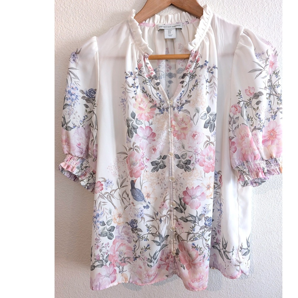 Cupcakes & Cashmere Bird Floral Blouse Ruffle Neck Sheer Button Front Romantic S